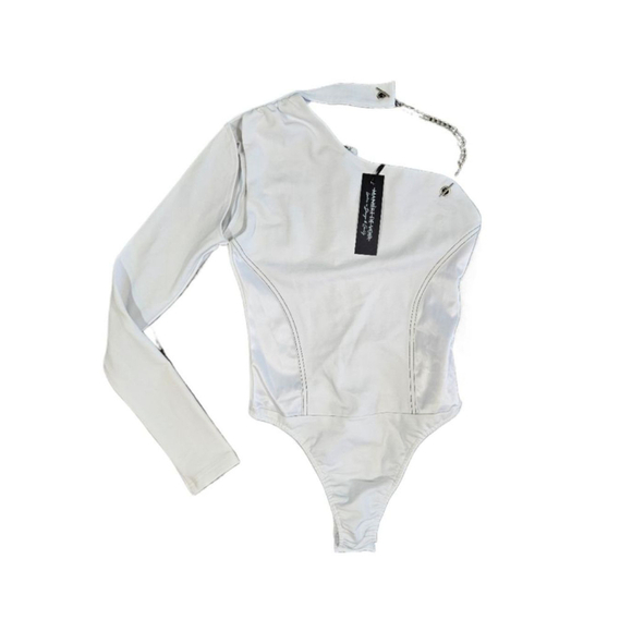 Maniere De Voir Tops - Women's MANIERE DE VOIR White One-Shoulder Long-Sleeve Bodysuit size 6